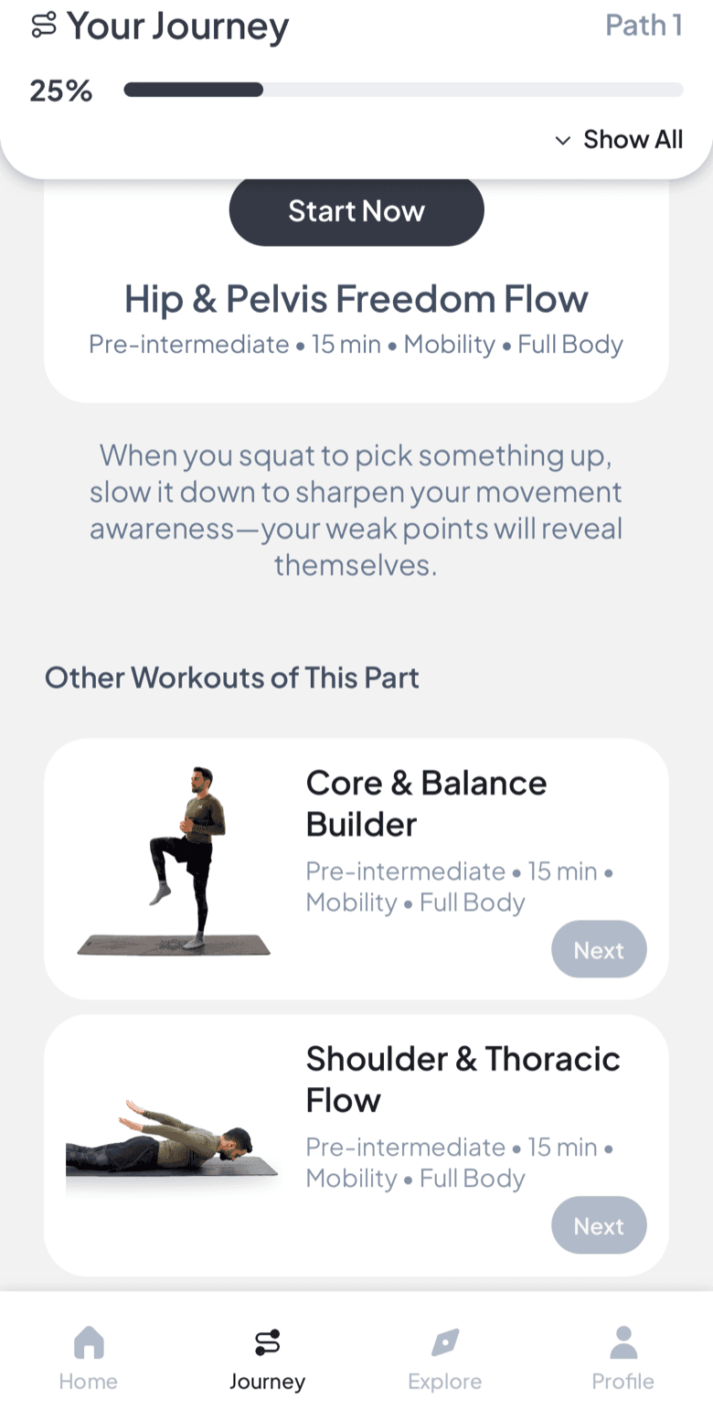 Une partie du Parcours personnel de Fasya : la séance Hip & Pelvis Freedom Flow avec les séances reliées Core & Balance Builder et Shoulder & Thoracic Flow de la même partie