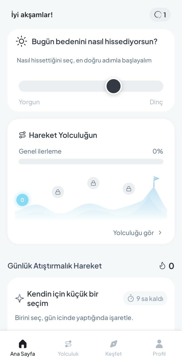 Fasya uygulamasının ana sayfası: Bugün bedenini nasıl hissediyorsun?